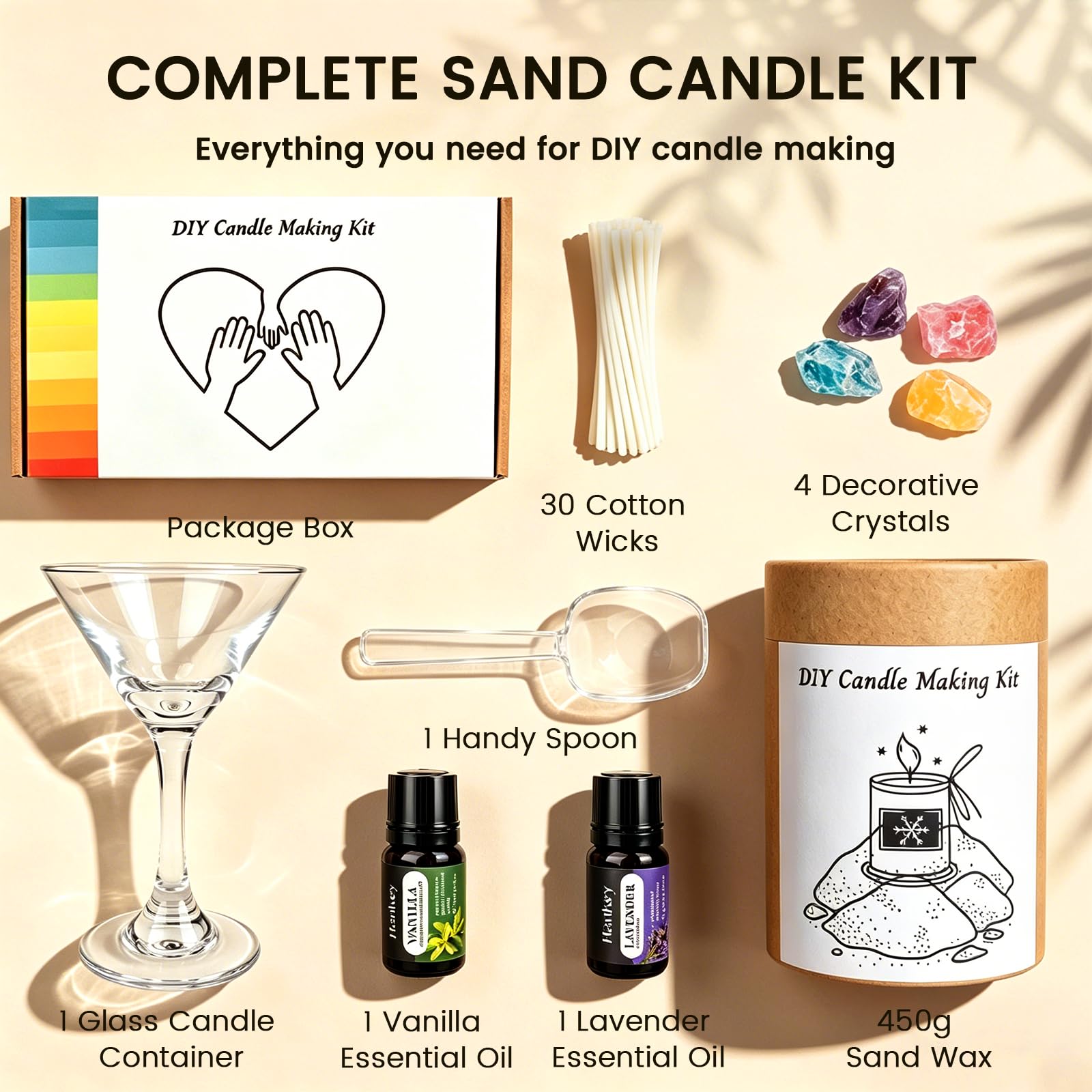 Sabbia per Candele con Stoppini, Kit Candele Fai da Te con 450g Perle di Cera per Candele, 30 Stoppini e Calice, Cera di Soia per Candele, Fino a 100 ore di durata