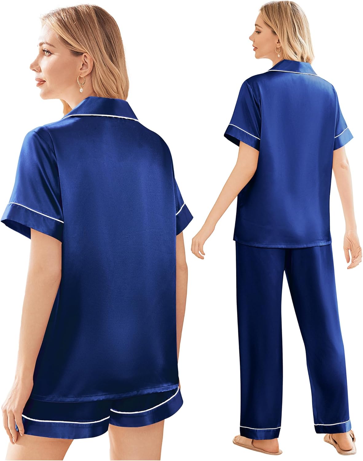 Ekouaer Silk Pajamas for Women Set Satin Pjs Soft Short Sleeve Button Down Sleepwear 3 Piece Loungewear S-XXL - Image 4