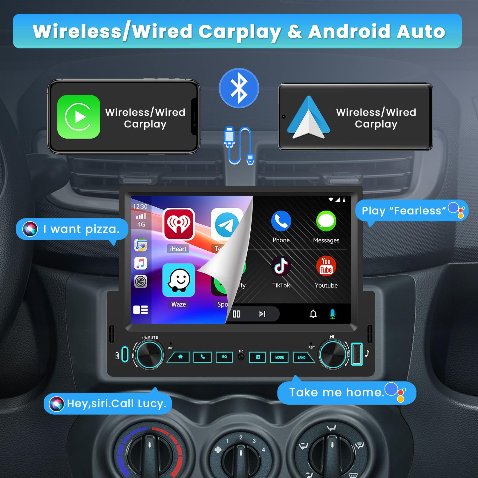 Inefala Radio samochodowe 1 din z wyświetlaczem 7 cali, bezprzewodowe Carplay Android Auto, radio Bluetooth 1 din z Mirror Link, radio FM, USB Type-C, kamera cofania, mikrofon