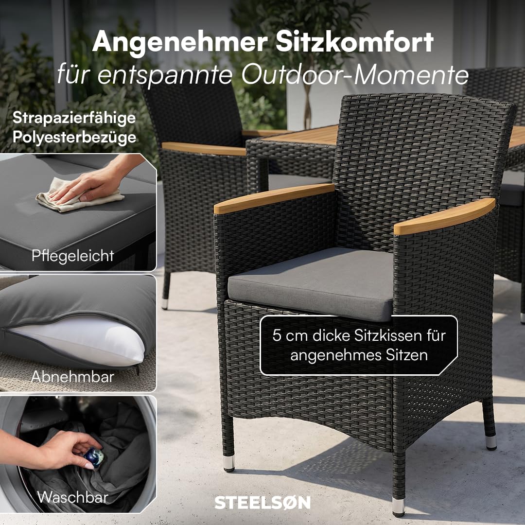 STEELSØN Fawaris Polyrattan Sitzgruppe Outdoor 5-tlg. - Gartentisch mit 4x Gartenstuhl und Kissen – Gartenmöbel Set aus Akazienholz – Gartengarnitur Outdoor wetterfest Garten/Terrasse/Balkon - schwarz