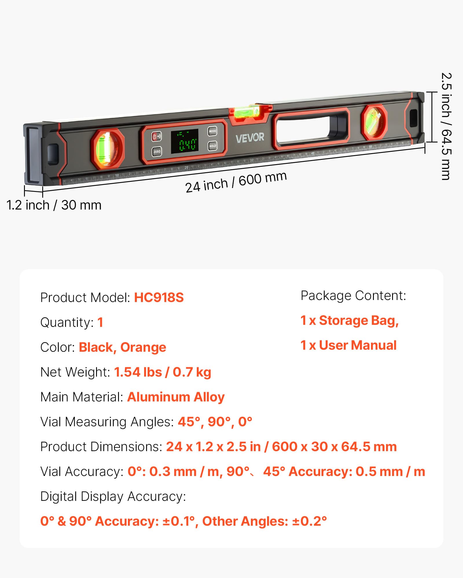VEVOR Niveau Électronique 600 mm, Niveau à Bulle Numérique Magnétique 360° pour Construction, Bricolage, Menuiserie et Rénovation, avec Écran LED Rétroéclairé et Fioles 0°, 45°, 90°, Indice IP54
