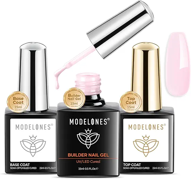 Modelones Pink Builder Gel Set: 3Pcs No Wipe Base & Top Coat for Nail Extensions
