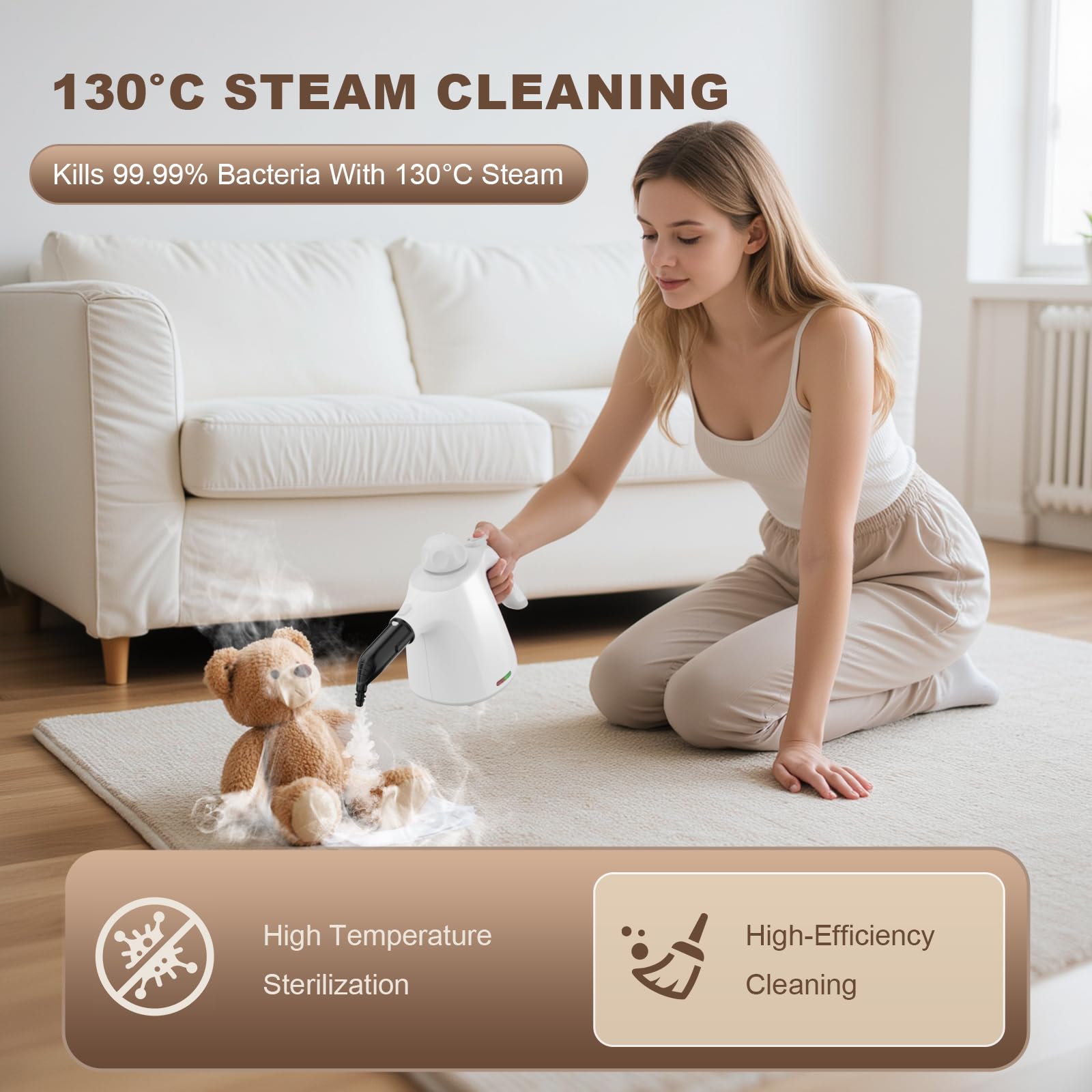 Dampfreiniger Handgerät mit 12-Teiligem Zubehör, 1100W 450 ml Handdampfreiniger für Haushalt, Küche, Bad, Fenster, Polster & Auto–100% Chemiefrei, Hochdruck-Dampf Gegen Schmutz Fett & Bakterien Weiß