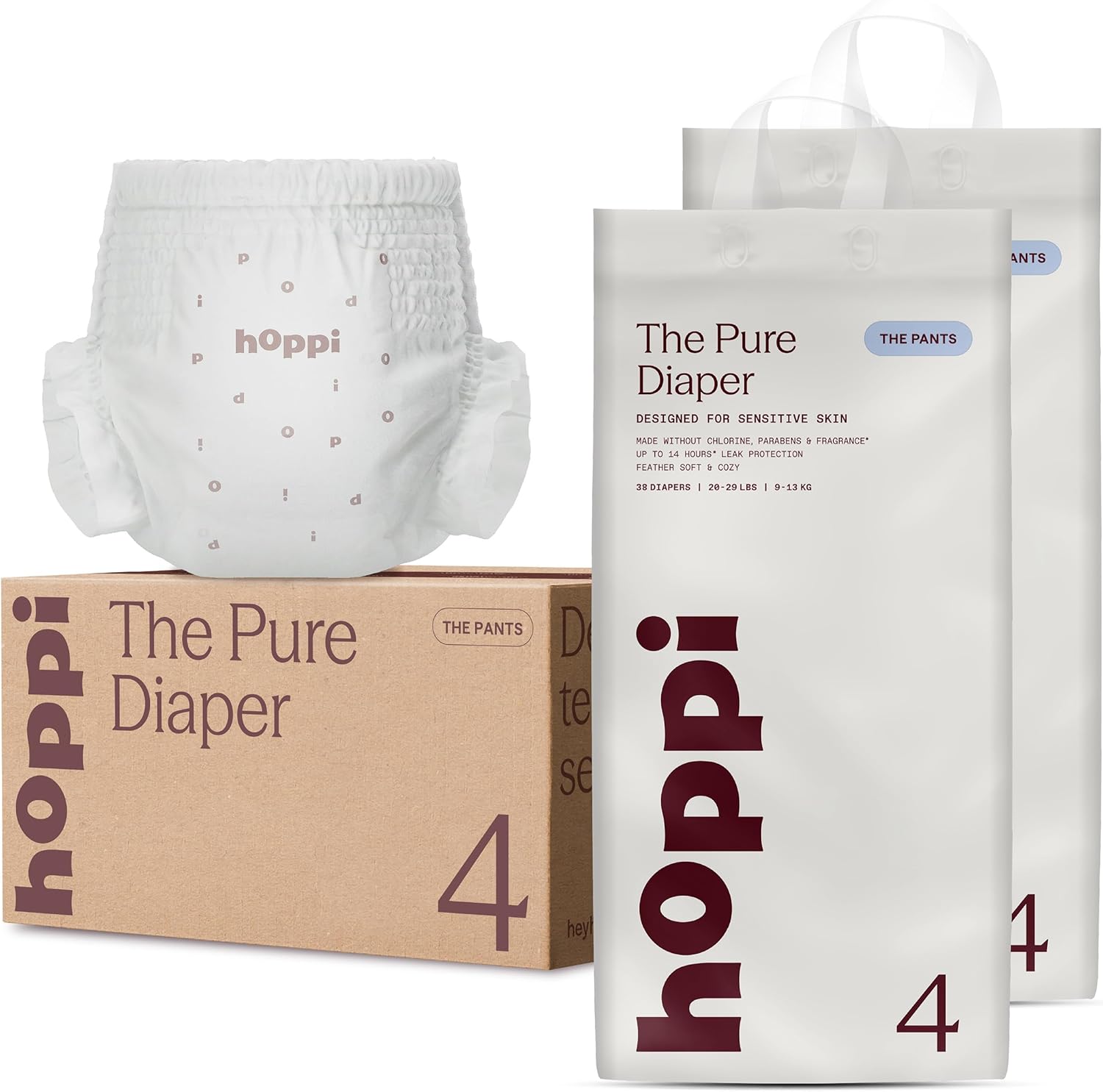 Hoppi Pure Pull Up Training Pants Size 4 (20-29 lbs, 2T-3T), 76 Count, Hypoallergenic Baby Diapers, 12-Hour Overnight Leak Protection, Easy Tear Sides, Heavy Wetter Protection
