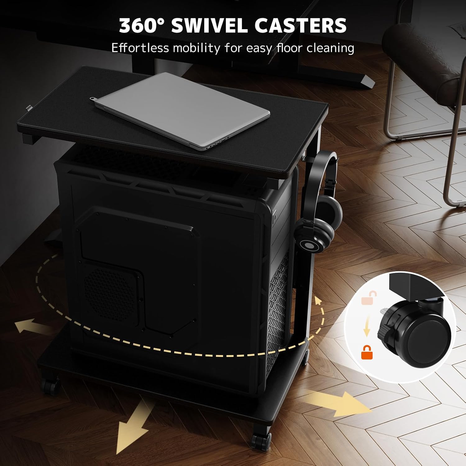 PUTORSEN Computer Tower Stand Cart - 2-Tier CPU Cart with 4 Casters, Rolling Holder with Pegboard & 2 Hooks, Height Adjustable from 19 1/8" to 31 11/16", for Office Home Gaming