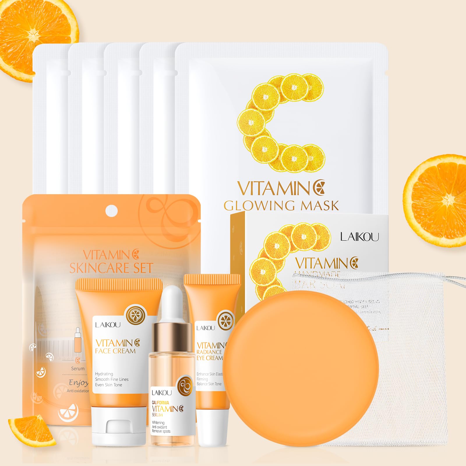 LAIKOU Skincare Set, Vitamin C Face Care Sets & Kits, Face Cream,Serum,Eye Cream,Handmade Soap & Sheet Masks, Hydrating