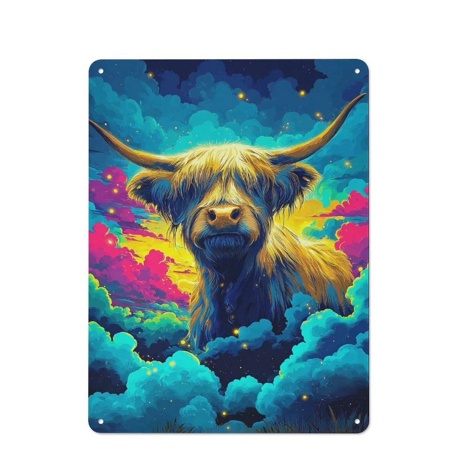 Junmoney Colorful Highland Cow Sky Tin Wall Plaque With Design 40X30cm, Farmhouse Rustic Kitchen Decor For Dining Room, Cafe, Entryway Or Family Room