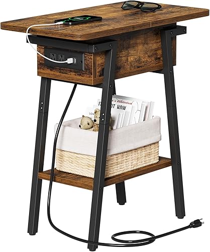 Mesa auxiliar con estación de carga, mesa auxiliar abatible con puertos USB y tomas, mesitas de noche para espacios pequeños, mesita de noche con