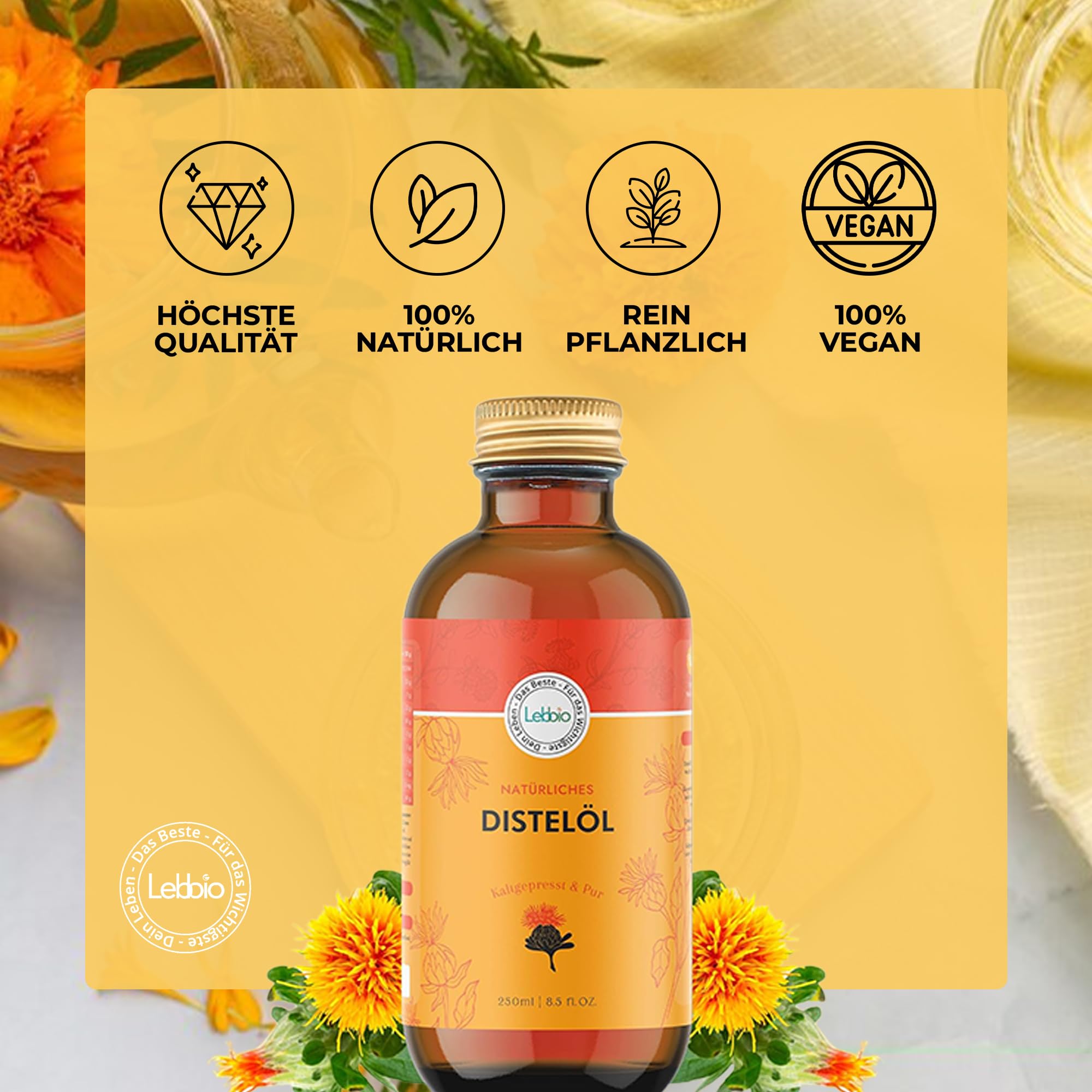 Lebbio Huile de carthame 250 ml [100 % naturelle et pressée à froid] Native, riche en vitamine E naturelle, 100 % végétale, végétalienne, végétarienne, bouteille en verre, convient pour l'alimentation