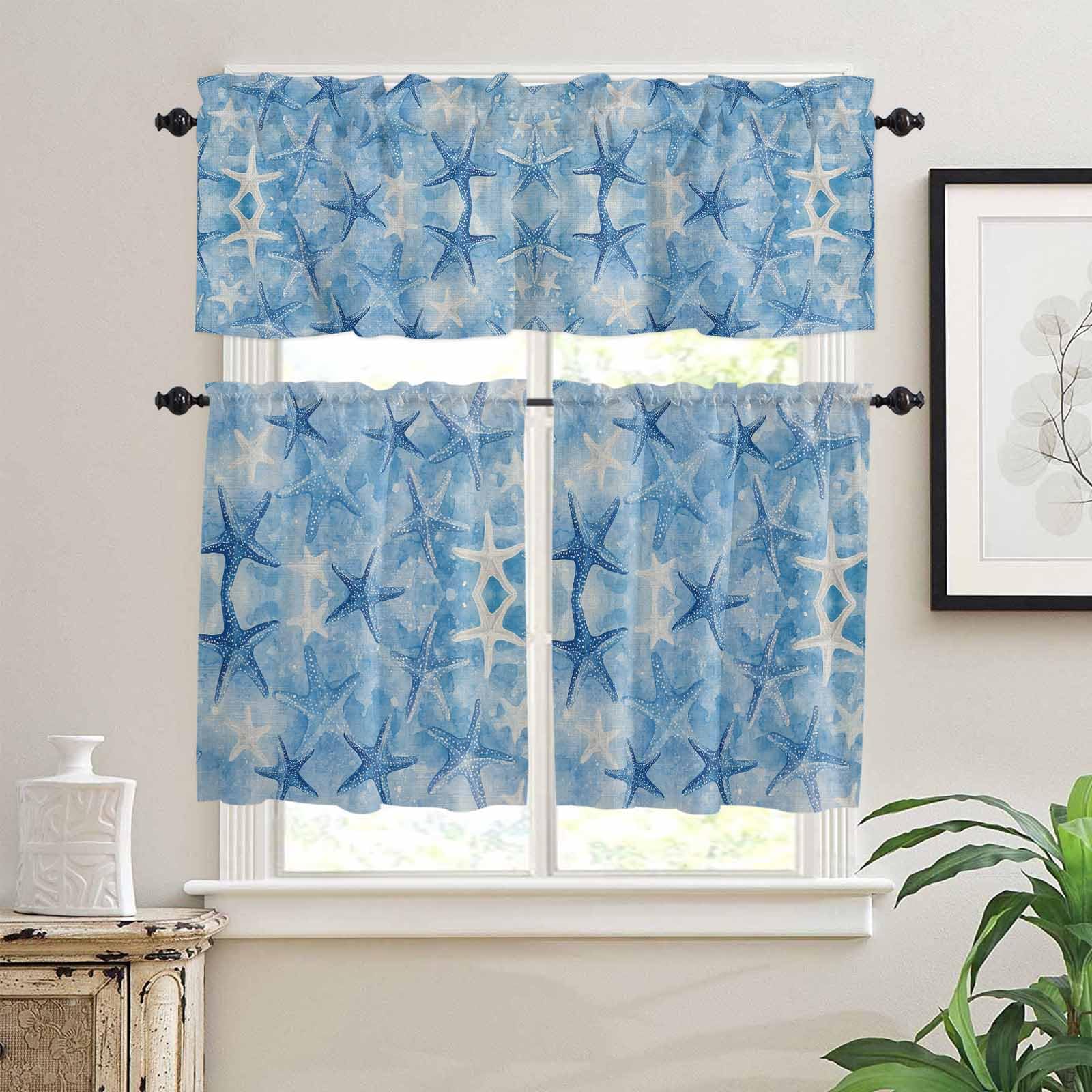 Starfish Kitchen Curtains 36 Inch Length, 3 Piece Rod Pocket Small Half Tiers and Valance Set, Blue White Coastal Ocean Watercolor Small Large Window Treatment Decor for Bedroom/Bathroom Sink