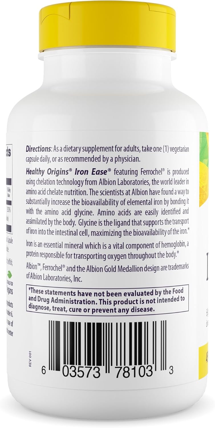 Healthy Origins Iron Ease 45 mg (Featuring Albion Ferrochel, Non-GMO, High Potency, Ferrous Bisglycinate Chelate), 180 Veggie Caps - Image 3