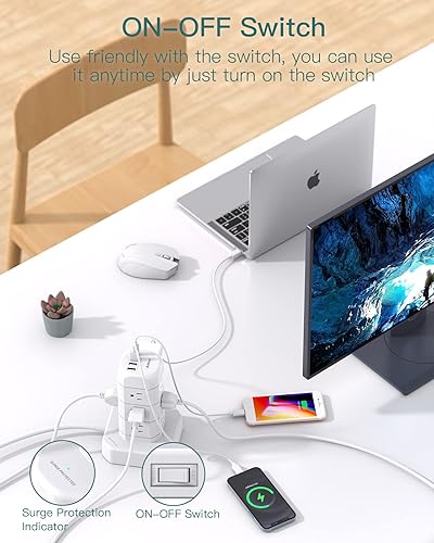 Miniatura 6 de Protector de sobretensiones de torre de regleta de alimentación cable de extensión de 10 pies con múltiples tomas 12 tomas de corriente 4 puertos