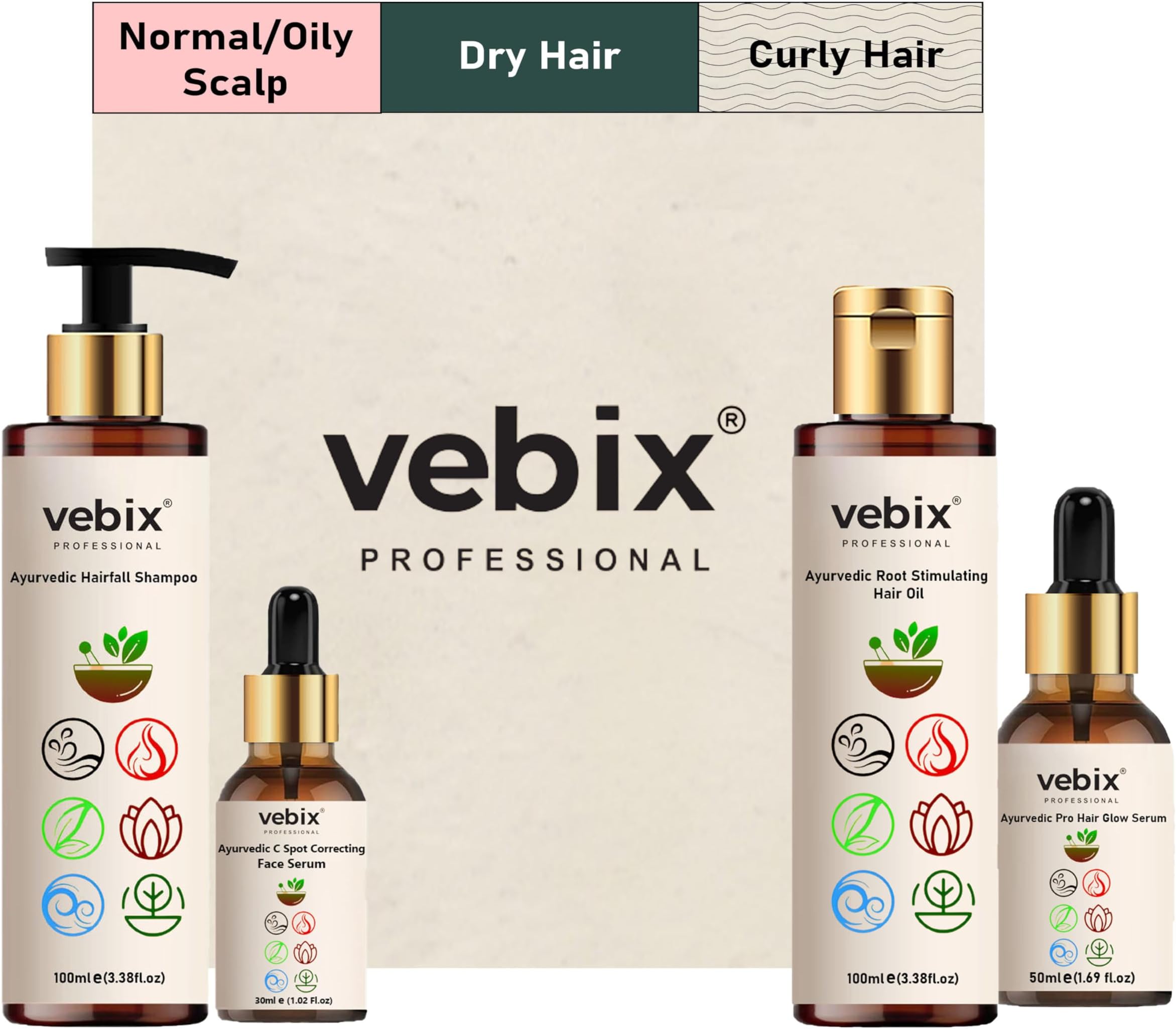 VebixProfessional Customised Regimen -4 Ayurvedic Product Kit - HairFallControl- AntiHairFall Neem Oil +Lotus AntiHairfall Shampoo + Hair Growth Serum & Face Glow Serum (280ml) (Dry Scalp)