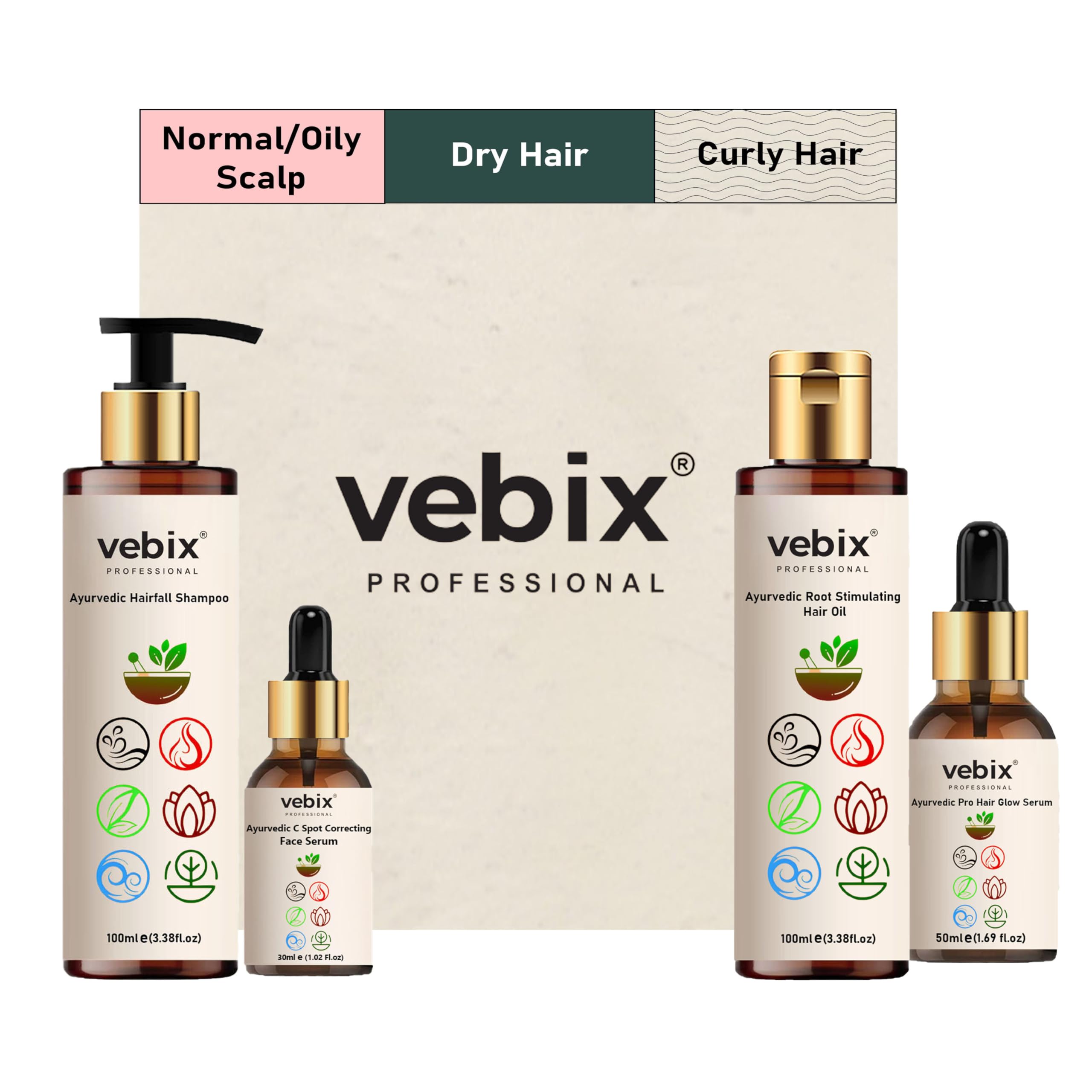VebixProfessional Customised Regimen -4 Ayurvedic Product Kit - HairFallControl- AntiHairFall Neem Oil +Lotus AntiHairfall Shampoo + Hair Growth Serum & Face Glow Serum (280ml) (Dry Scalp)