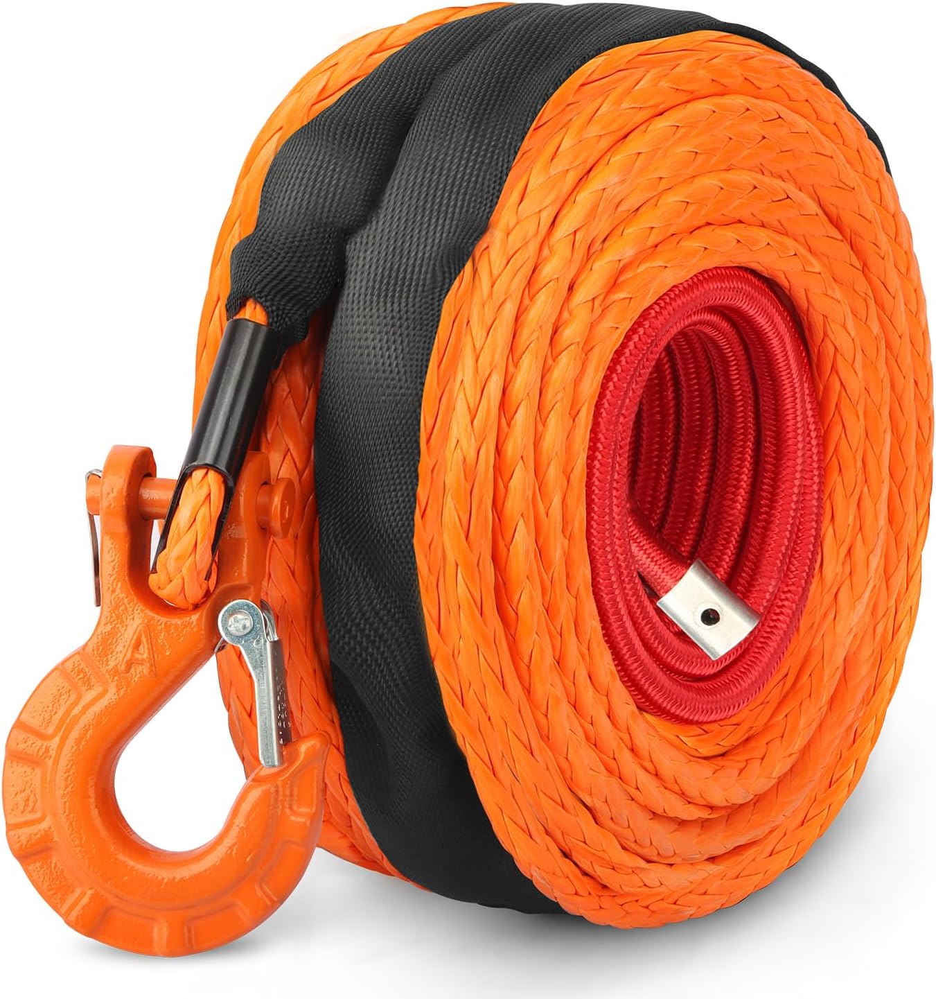 METOWARE Synthetic Winch Rope Cable Kit, 3/8" x 100ft 26,000 LBS Winch Cable Line with Protective Sleeve Hook and Forged Winch Hook & Safety Pull Strap Fits 4WD Off Road Vehicle UTV ATV SUV Truck