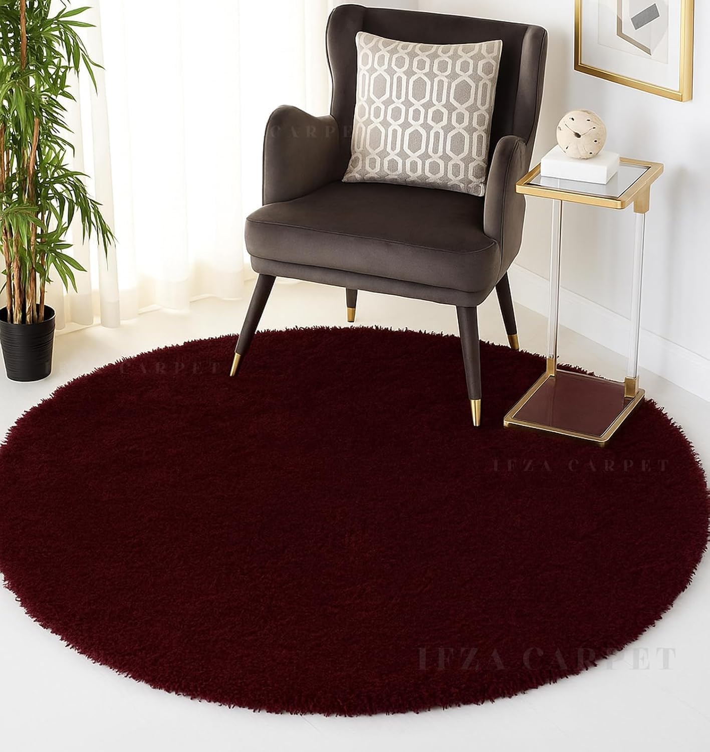 Super Soft Shaggy Carpet for Living Room 10 x 10 Feet Fluffy Area Rug, Thick High-Pile Plush Mats for Floor, Bedroom, Kids Room, Modern Home Décor Carpets, Cozy Large Round Fur Rugs - Maroon