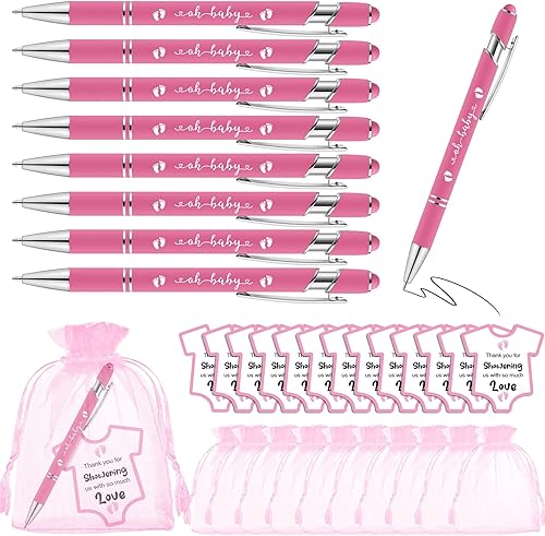 Colarr Juego de 36 recuerdos de baby shower bolígrafos rosados con tarjetas y bolsas de organza para invitados regalo y fiesta de revelación de