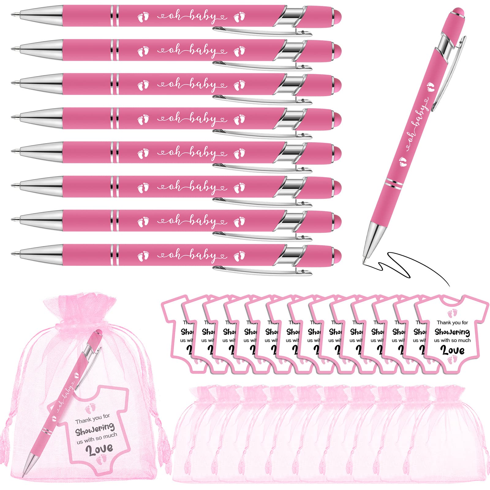 Colarr 108 szt. upominków na baby shower dla gości, zawiera 36 rysików do baby shower, 36 szt. kart dla dziewczynki, 36 szt. torebek z organzy, na baby shower, ujawnienie płci, prezenty dla gości