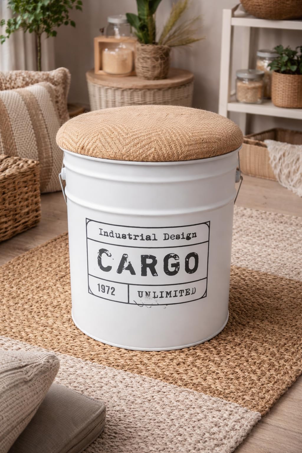 Sgabello Pouf contenitore in stile industriale 31x40 cm,Bianco, Sgabello decorativo in metallo camera da letto e soggiorno, Coperchio/seduta Morbida(FIL 61125 Bianco)
