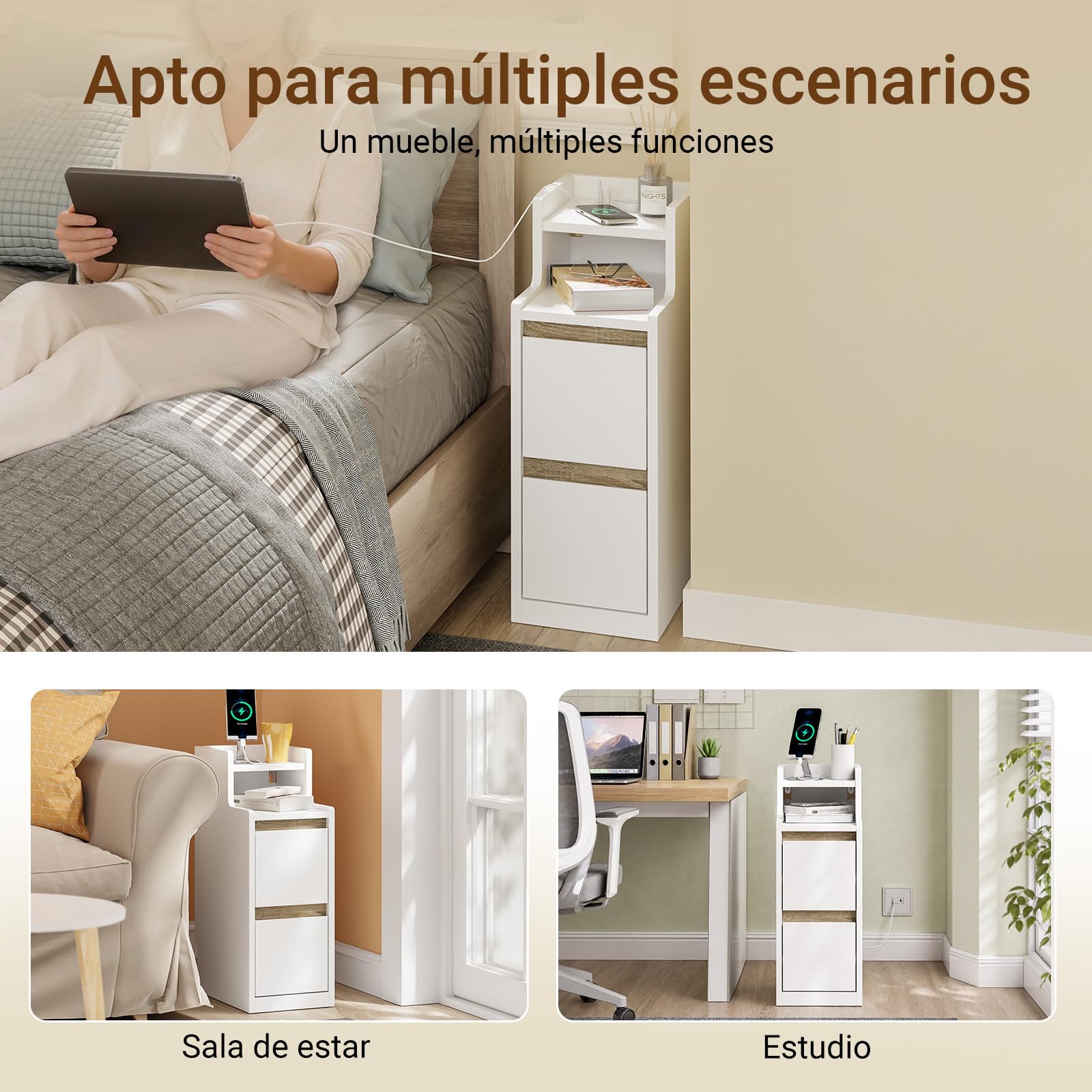 SoBuy mesita de Noche Estrecha con Carga y lámpara LED táctil, 22x34x60.5cm | 22cm Mesa auxiliar con USB & Type-C, barra LED regulable USB cable 1,8 m, zócalo y antivuelco, para dormitorio FBT178-E-WN