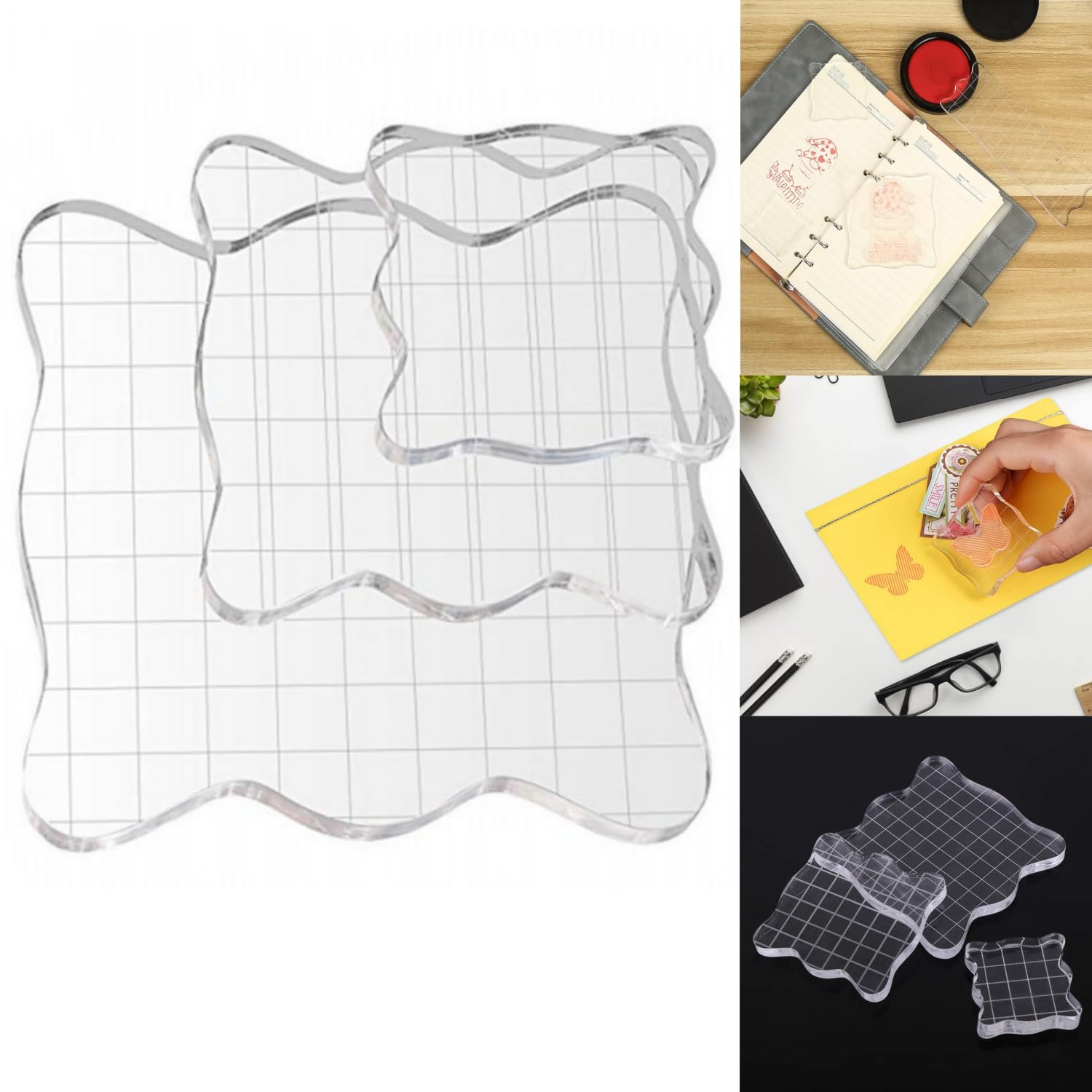 Stamping Platform,3 pcs tamp Blocks with Grid and Grip，Acrylic Stamp Block Clear Stamp Blocks Transparent,for Stamping, DIY Crafts Ornaments