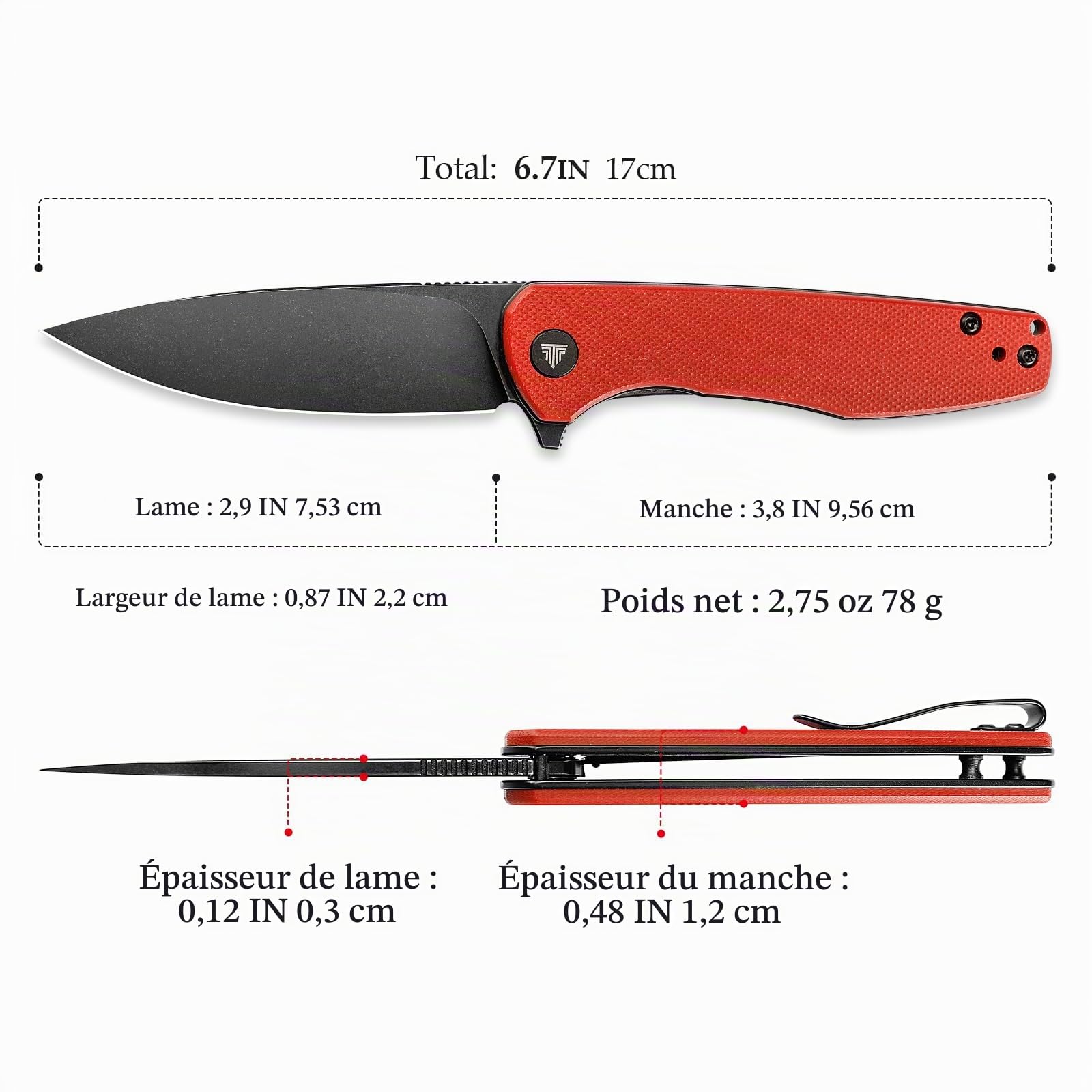 TRIVISA Couteaux Pliant, Hummingbird-RG, Couteau de Poche avec Manche en G10 Rouge, Lame en Acier 14C28N de 75 mm