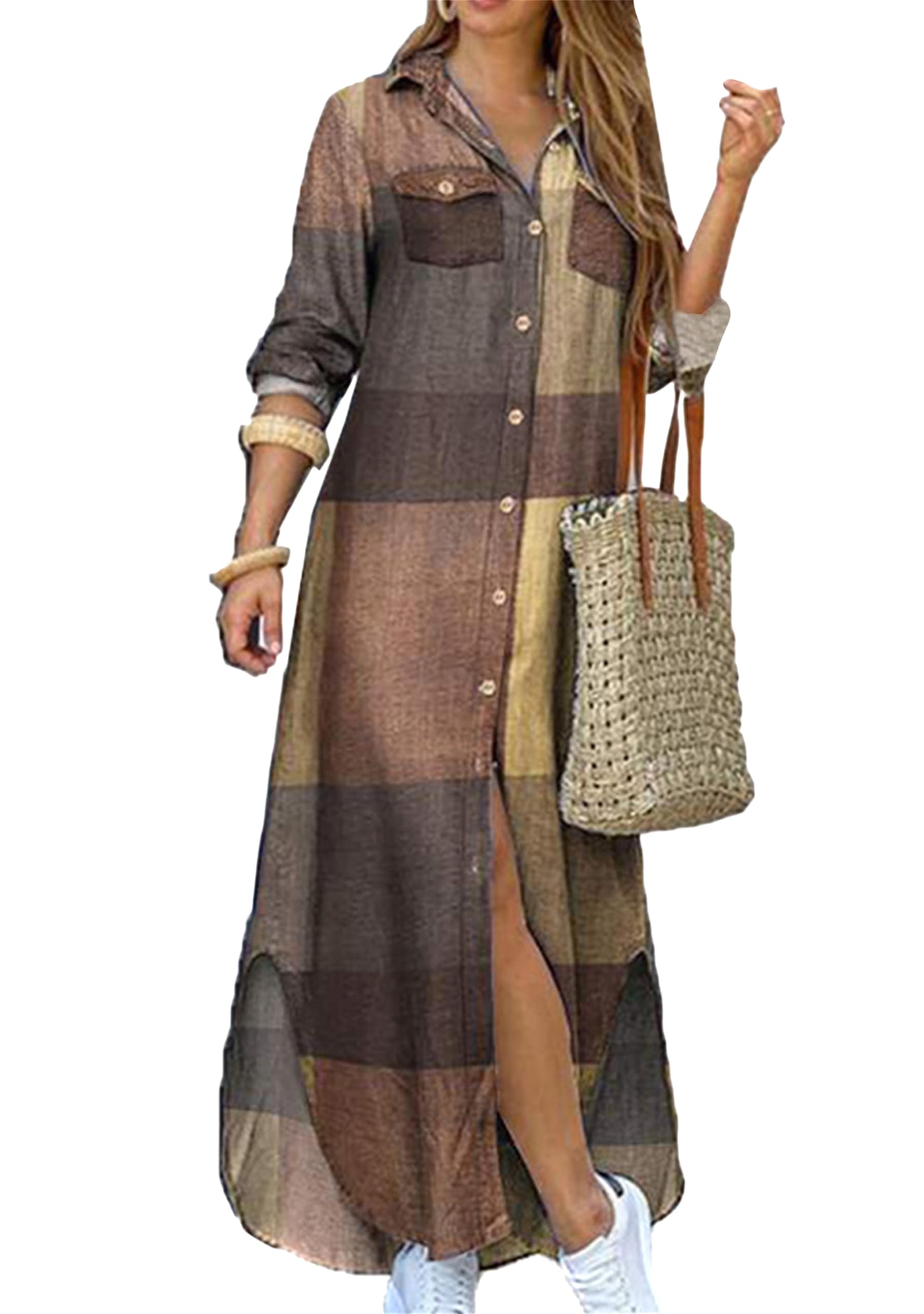 Donne Maniche Lunghe Check Abito Sexy Lungo Loose Flowy Abito Loose Fit Camicetta Vestito Maglietta Maxi
