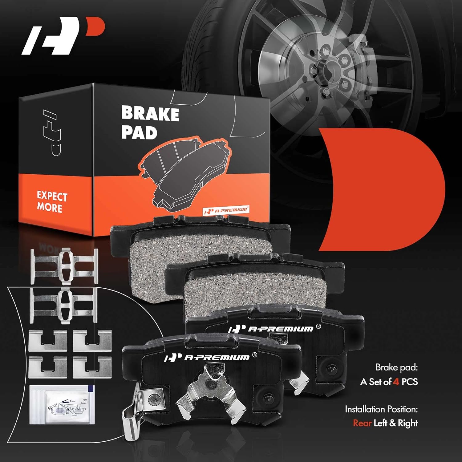 A-Premium Rear Ceramic Brake Pads Set Compatible with Acura and Honda Models - CR-V 2005-2016, Crosstour 2012-2015, Accord Crosstour 2010-2011, RDX 2010-2018, with Hardware, 4-Pack