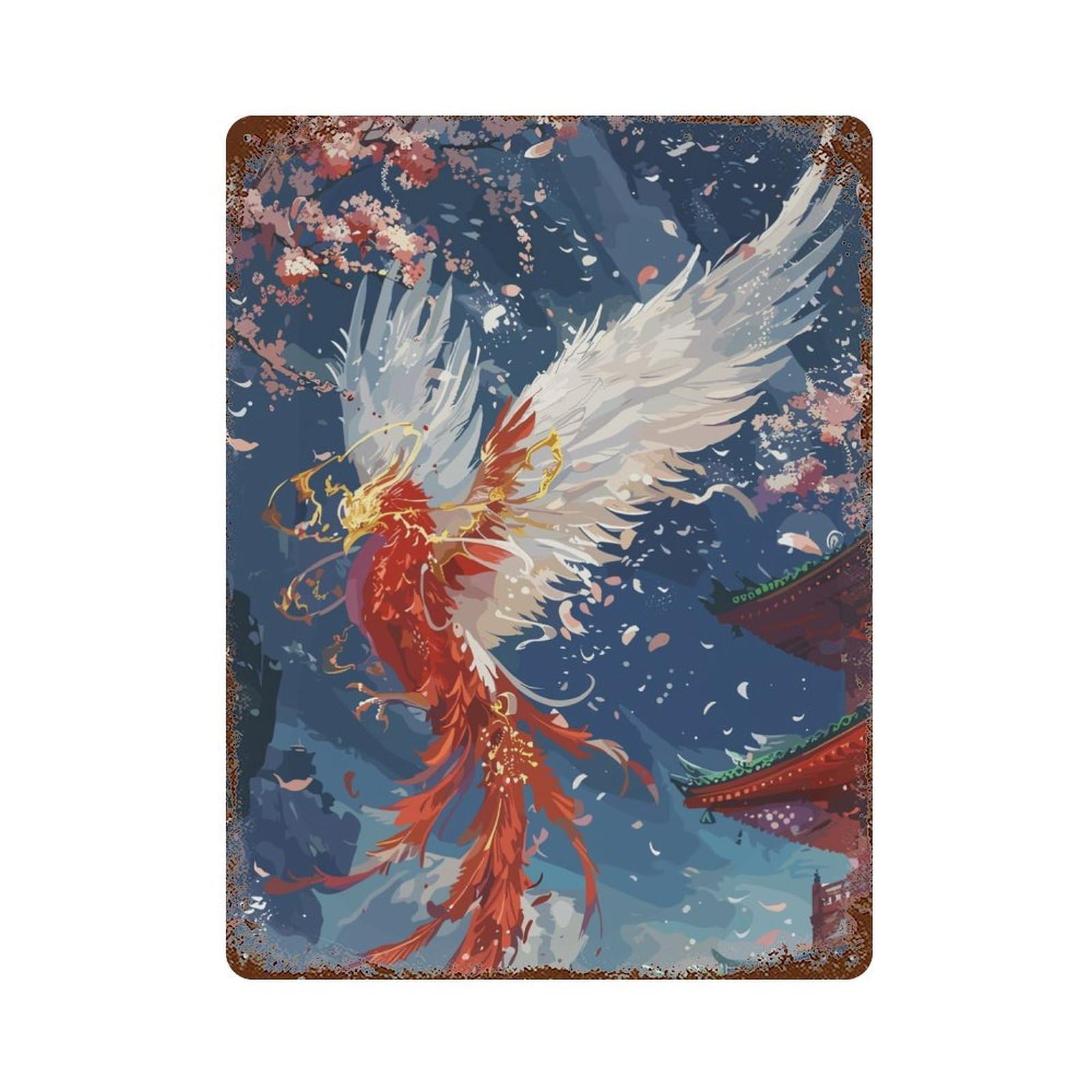 Distressed Metal Wall Sign Japanese Phoenix 15.7"x11.8", Vintage Wall Decor for Garage, Bar And Workshop Decor