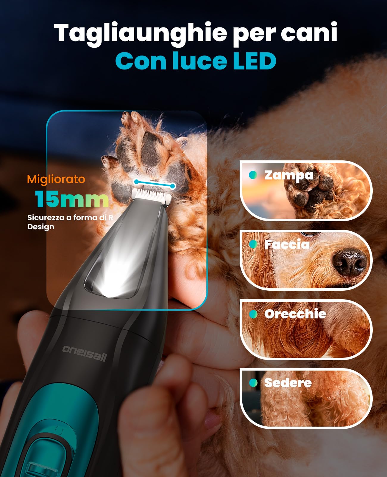 oneisall 4 in 1 Tosatrice per Cane Gatto con Luce LED, 2025 Nuova Versione Cura Peli Animali per Rasoio Cani & Zampe & Smerigliatrice Artiglio, 2000mAh Ricaricabile Rasoio per Cani (Blau, 4-in-1)
