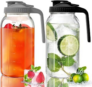 Ensemble de 2 pichet en verre Mason - 64 oz / 2 quart, pichet à large ouverture avec couvercle et bec verseur, joint hermétique, pichet à thé glacé étanche pour thé au soleil, jus, lait maternel, boissons froides, café