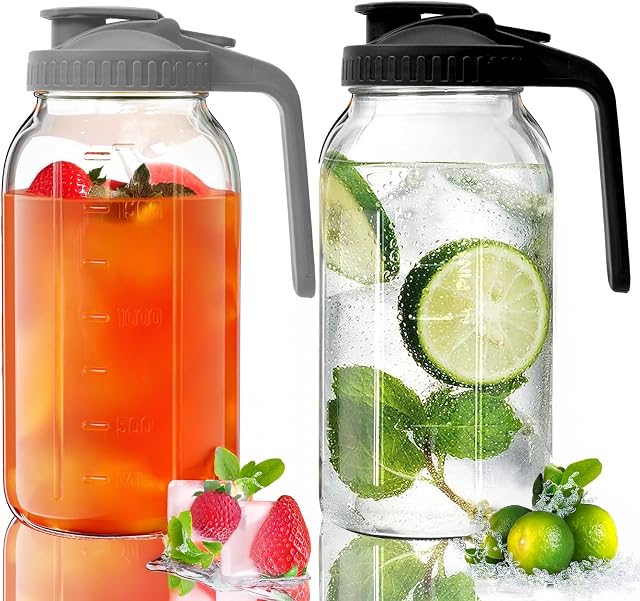 Set of 2 Mason Glass Pitcher - 64 oz / 2 quarter, wide opening pitcher with lid and spout, hermetic seal, waterproof iced tea pitcher for tea in the sun, juice, breast milk, cold drinks, coffee
