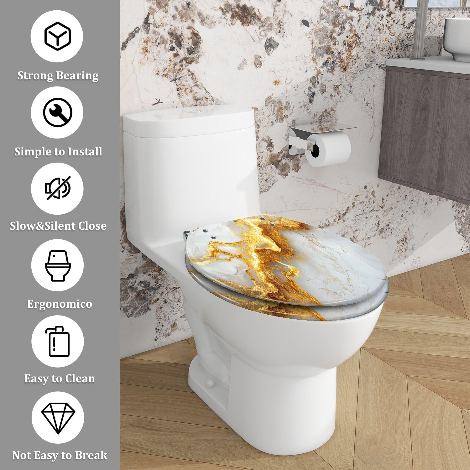 Asiento de inodoro genérico alargado de resina con cierre suave para baño.