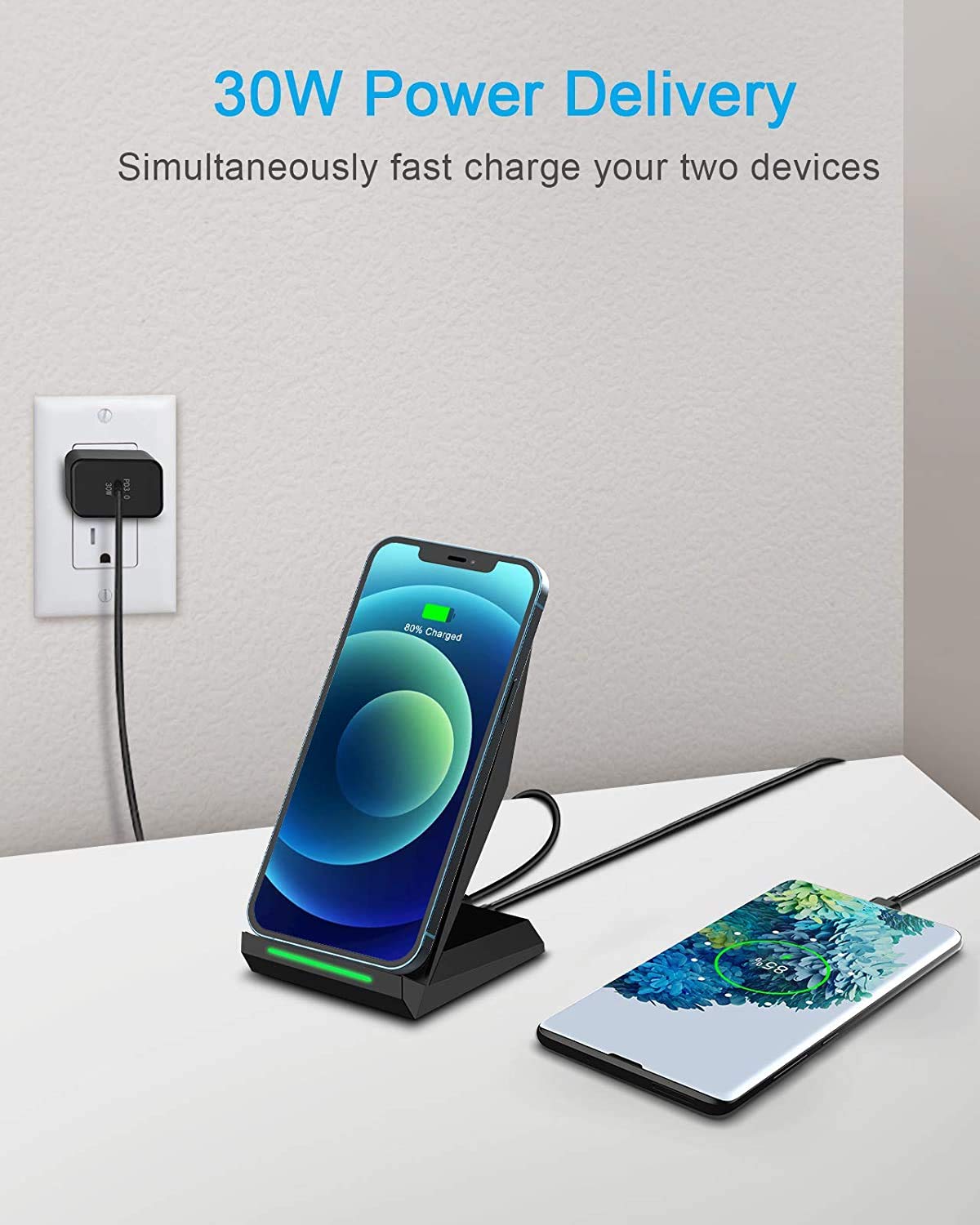 NANAMI Chargeur sans fil Fast 2 en 1 avec port USB, station de charge inductive Qi pour iPhone 12/SE 2/11/XS Max/X/XR/8 Plus, Galaxy S20+ S10 S9 S8, Note 20/10/9/8 (avec adaptateur PD 30 W)