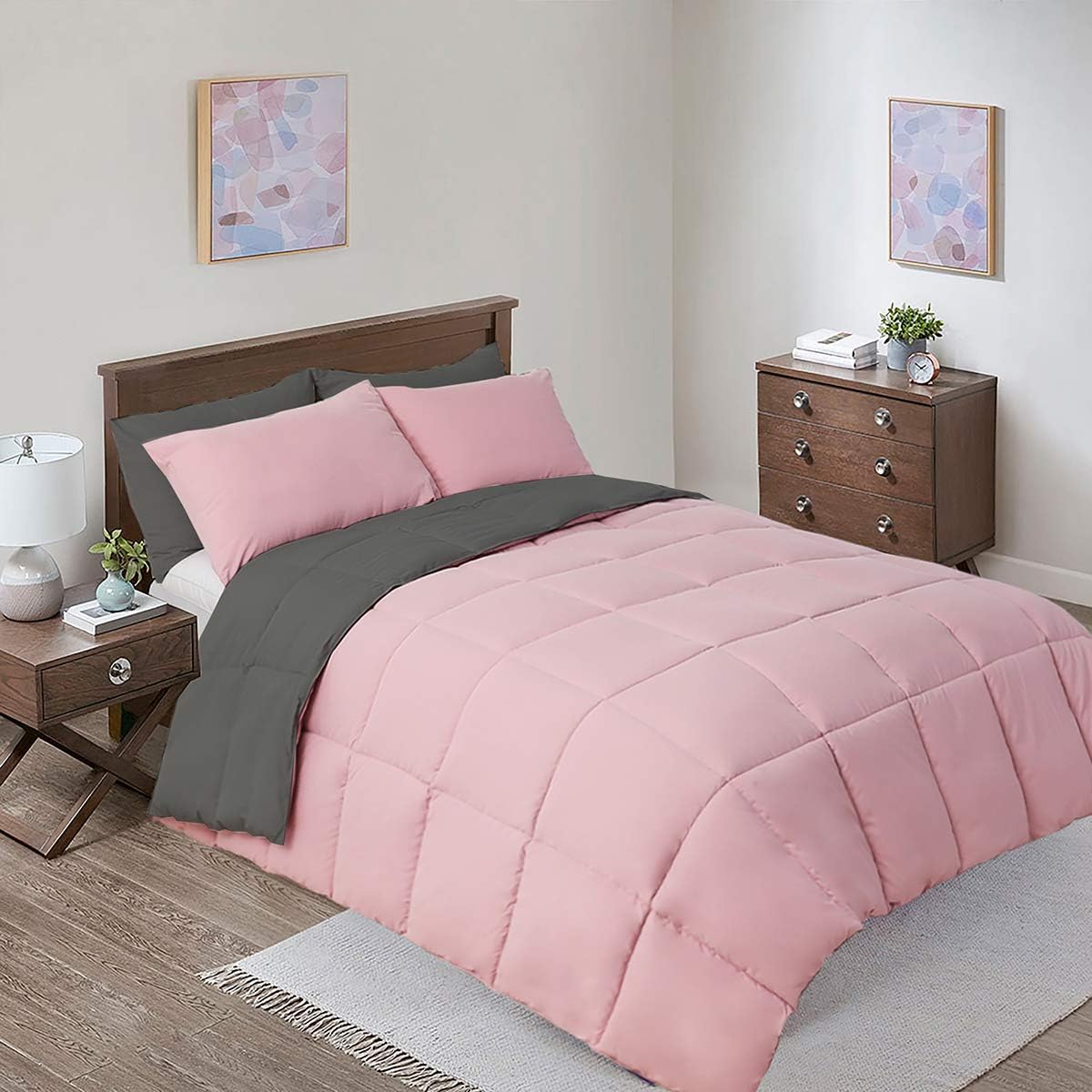 Reversible Down Alternative Comforter, Medium Warmth (41-Ounces of Fill) Oversized Queen Blanket, Charcoal-Blush