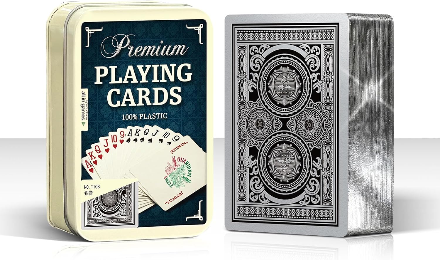 Ben Niu Luxury Plastic Playing Cards with Silver Edges & Protective Tin Box, 100% PVC Waterproof Bridge Size Deck, Larger Index Flexible Cards for Blackjack, Unique Golden Gear Pattern Design