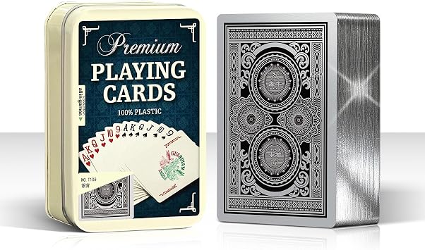 Ben Niu Luxury Plastic Playing Cards with Silver Edges & Protective Tin Box, 100% PVC Waterproof Bridge Size Deck, Larger Index Flexible Cards for Blackjack, Unique Golden Gear Pattern Design