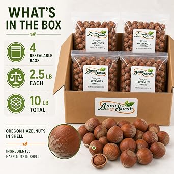 Anna and Sarah Oregon Large Hazelnuts in Shell Box, 10 Lbs (160 Oz) | 160 Oz, Whole Raw Filberts, Non-GMO, Fresh Buttery Taste, Easy to Crack, In Box