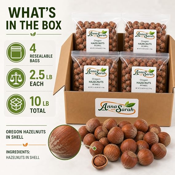 Anna and Sarah Oregon Large Hazelnuts in Shell Box, 10 Lbs (160 Oz) | 160 Oz, Whole Raw Filberts, Non-GMO, Fresh Buttery Taste, Easy to Crack, In Box