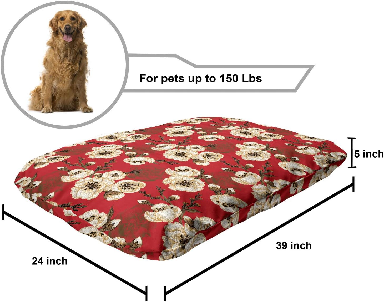 review Lunarable Japanese Pet Bed, Oriental Cherry Branches Sakura Bloom with Grunge Effect, Chew Resistant Pad for Dogs and Cats Cushion with Removable Cover, 24