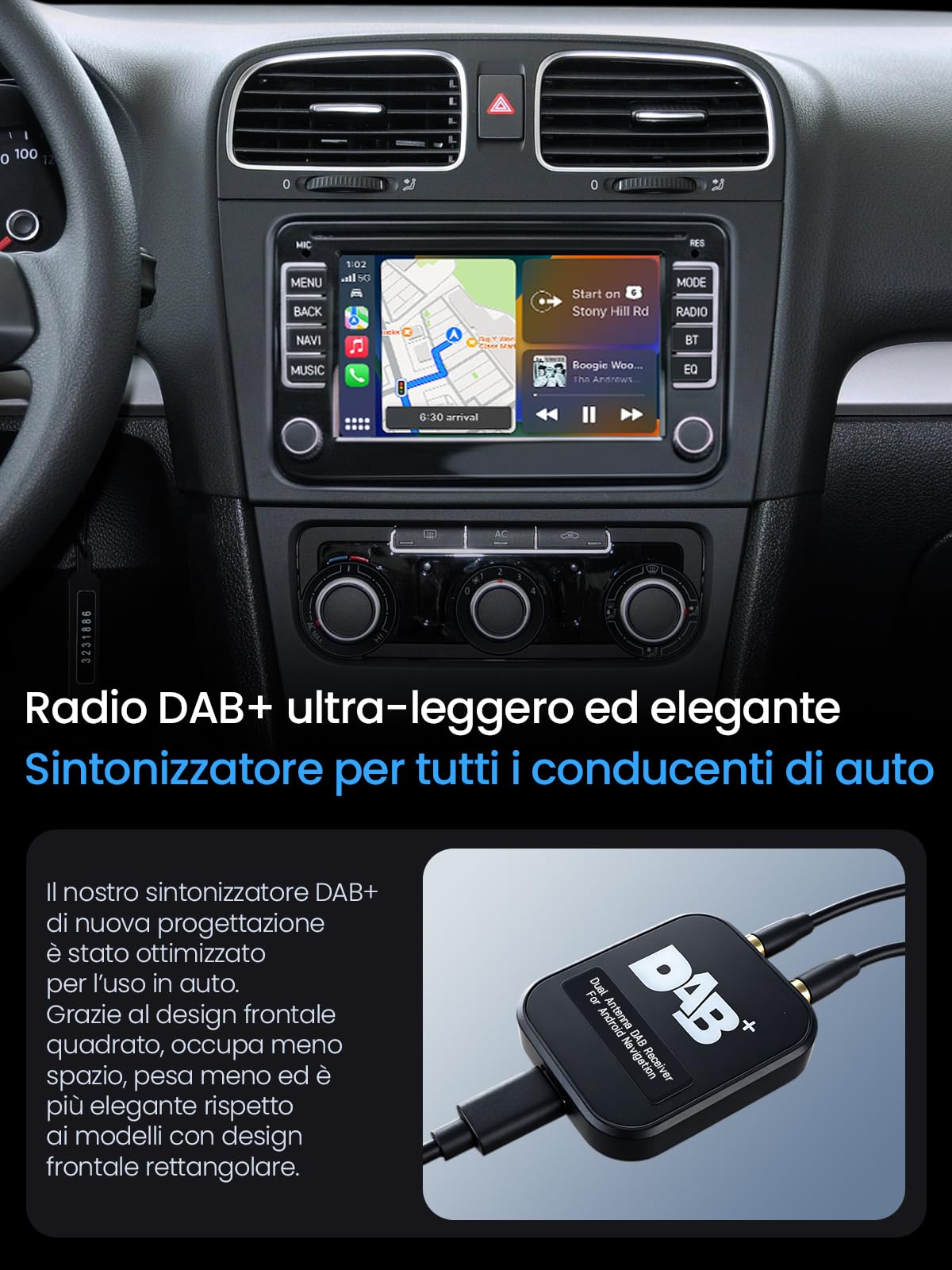 Adattatore Ricevitore DAB+ per Autoradio con Antenna, per Android 5.1+, Sintonizzatore Antenna Radio Digitale con Trasmissione FM, USB (solo per paesi con segnale DAB)
