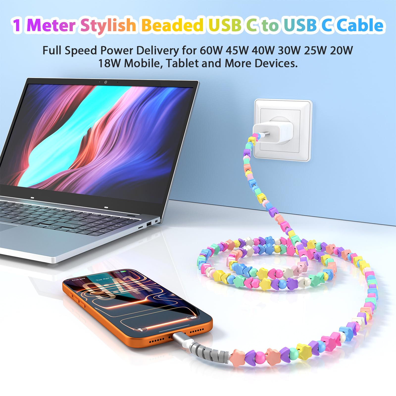 Cable USB C de carga rápida con cuentas, cable de carga rápida de 3.3 pies, 60 W, 45 W, 40 W, 30 W, 27 W, 25 W, USB-C a tipo C, cable PD para iPhone 17 Pro Max 16 15 16e para iPad A16 Galaxy S25 S24