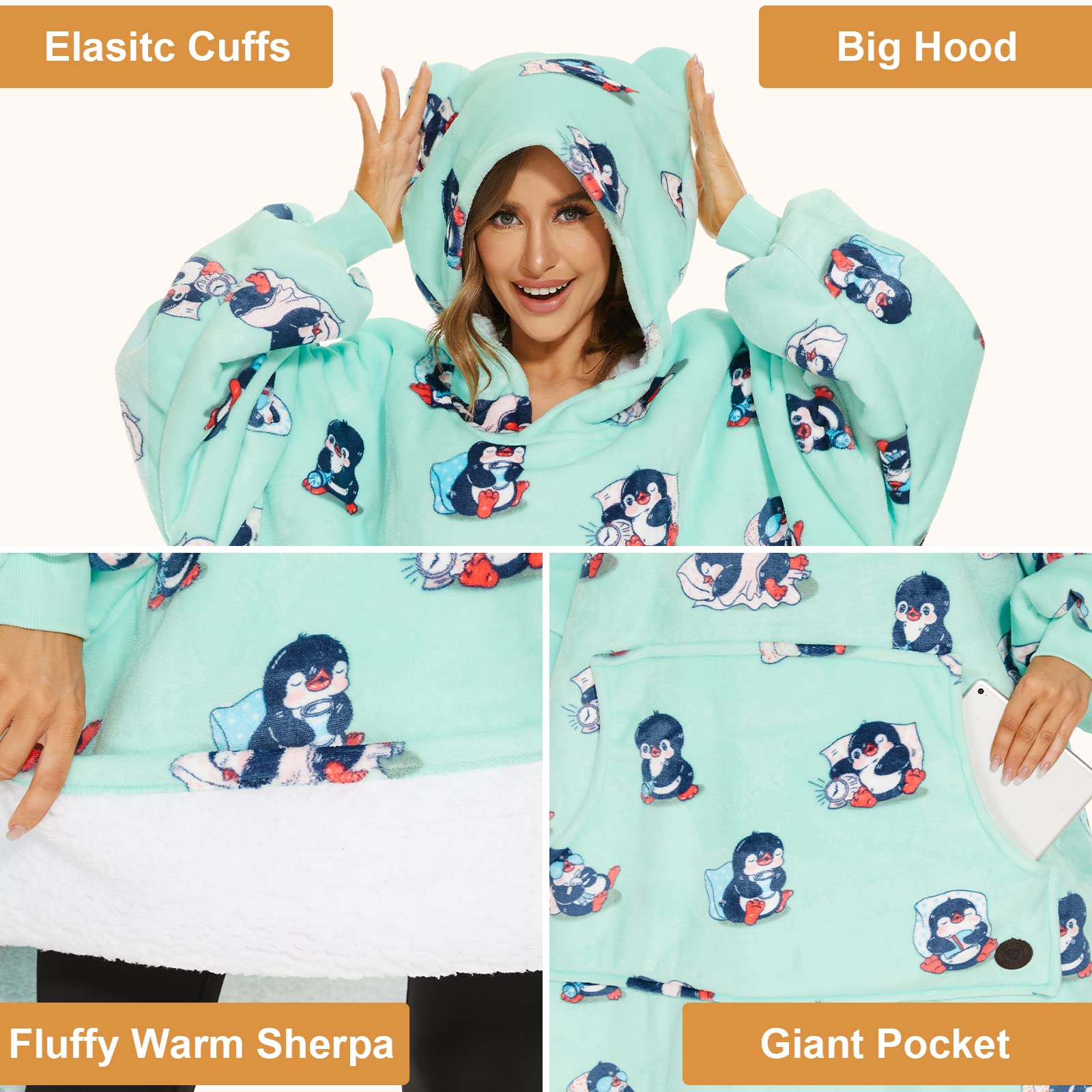 THREE POODLE Felpa Coperta Oversize con Cappuccio, Felpa Gigante Coperta Indossabile con Maniche, Coperta con Cappuccio Ultra Morbida e Calda, Cozy Hoodie Felpa Pile per Donna,Uomini e Bambini, Regalo