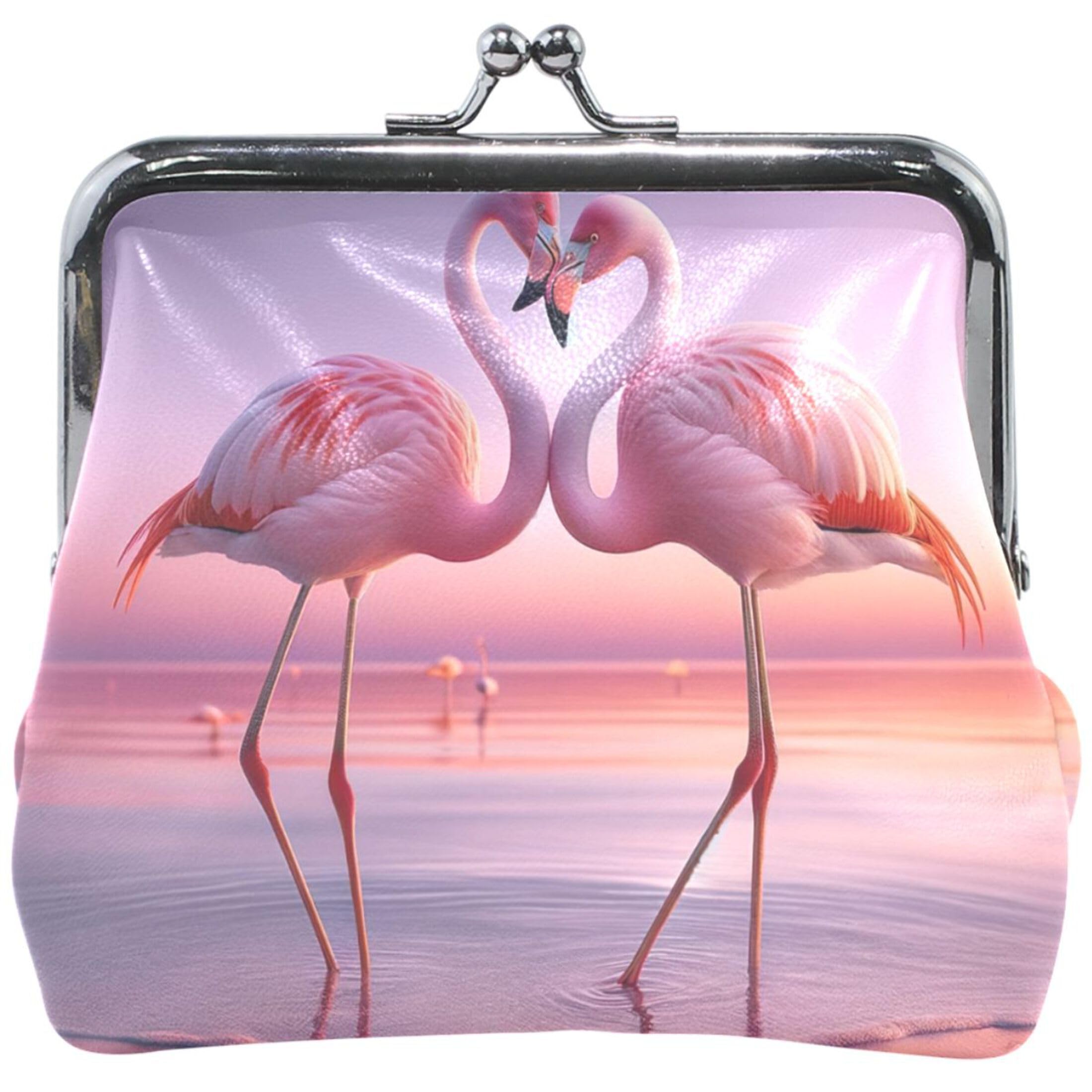 Valentine Flamingos Pink Leather Coin Purse for Women Cute Buckle Kiss Lock Card Change Purse for Girls
