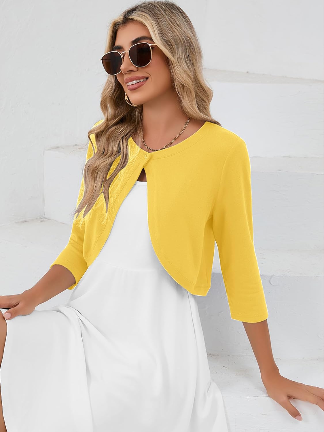 Heymoments Women's 3/4 Sleeve Casual Shrugs Lightweight Open Front Cropped Cardigan for Dresses - Image 4