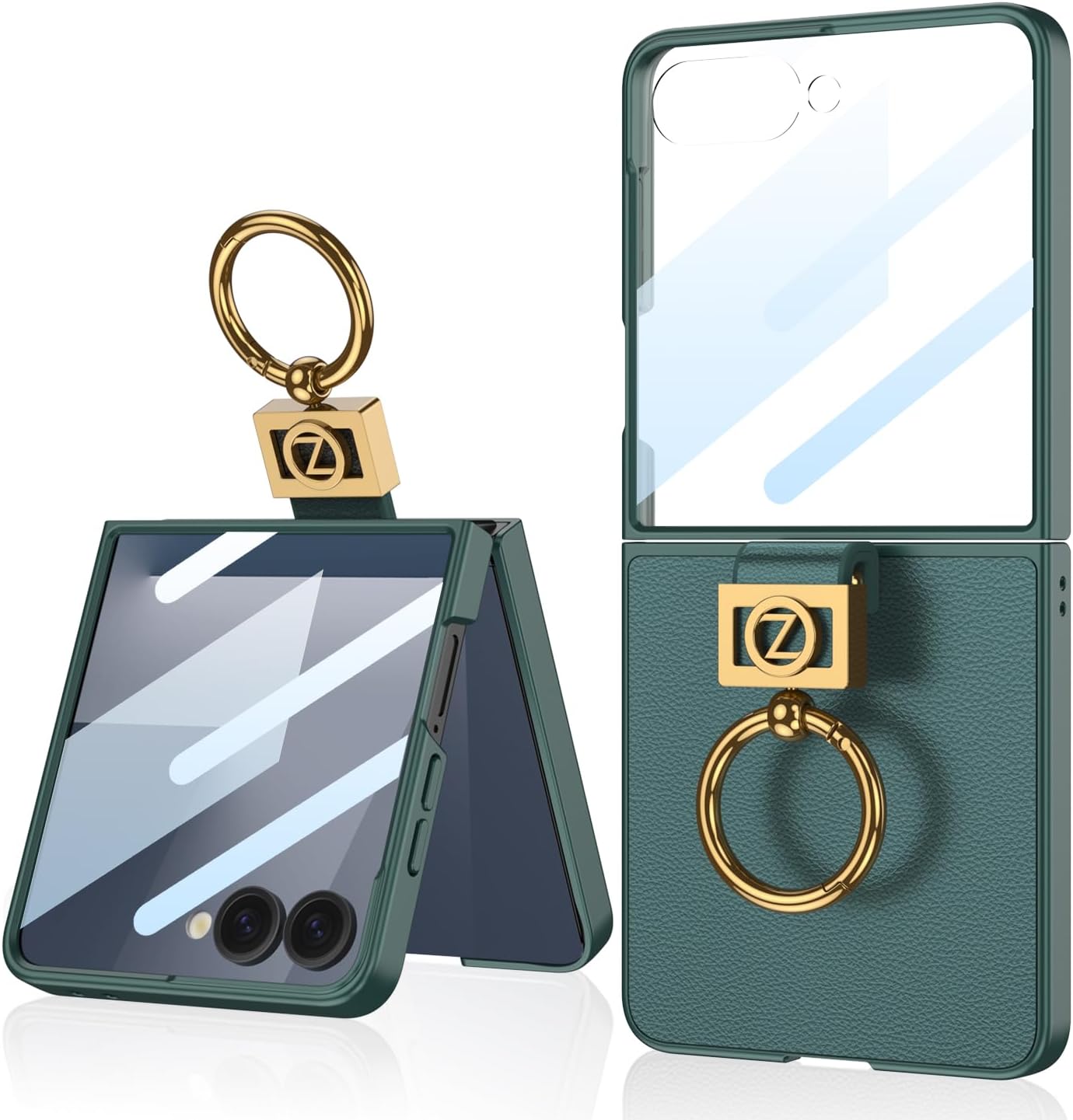 SHIEID Galaxy Z Flip 7 Leather Case with Ring Stand – Ultra-Thin Shockproof Cover with Built-in Small Screen Protector, PU Leather Texture Phone Case for Samsung Z Flip7, Forest Green