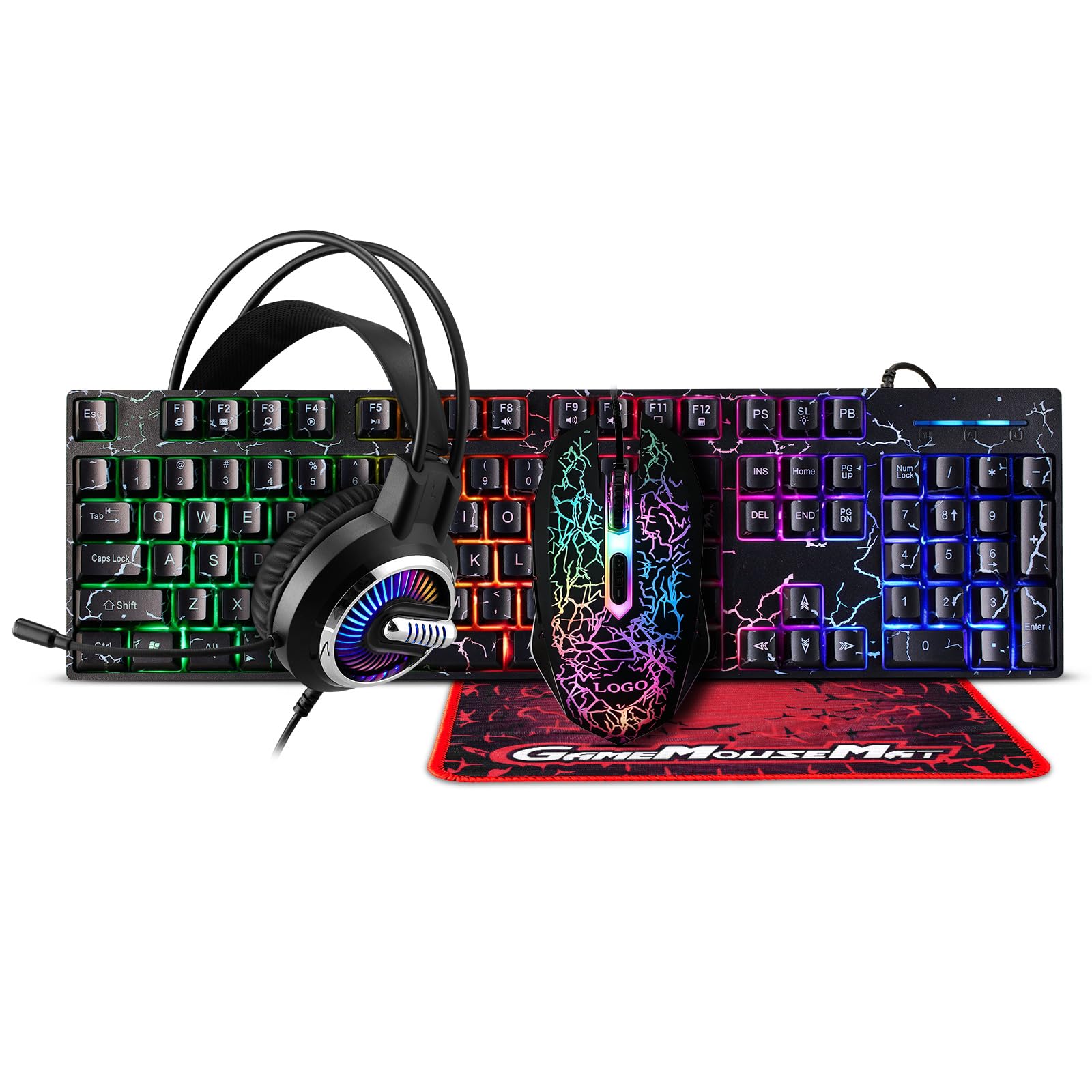 Guiheng Combo de teclado y mouse para juegos con cable, alfombrilla de mouse y auriculares para juegos, paquete de retroiluminación LED RGB con cable para jugadores de PC y usuarios de Xbox y PS4