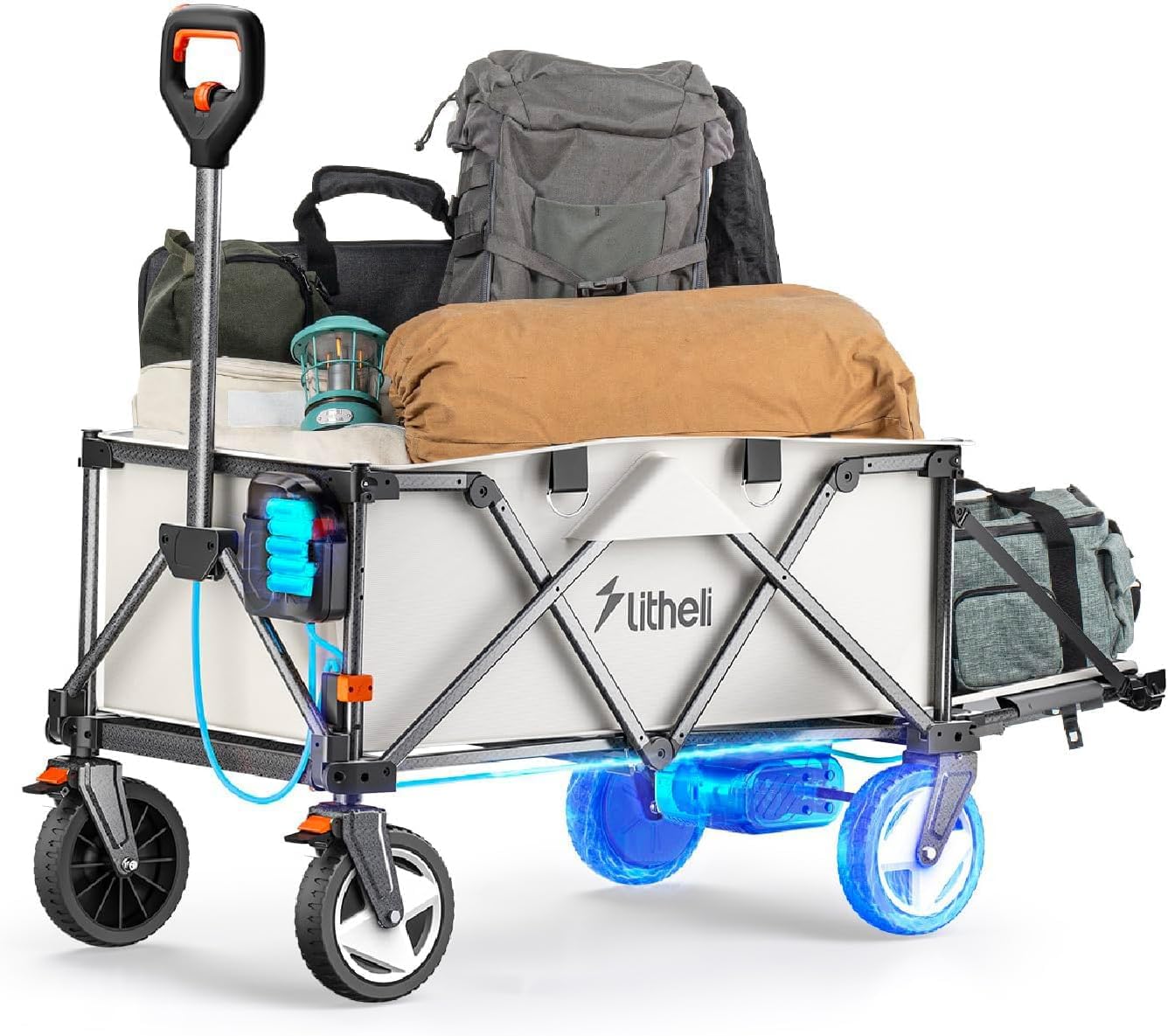 Litheli Electric Wagon Festival Trolley Cart (No Battery), Variable Speed Pull Along Trolley with 20 cm Off-Road Wheels & 2 Brakes, 200L/60KG Large Capacity Beach Cart for Camping Garden Shopping