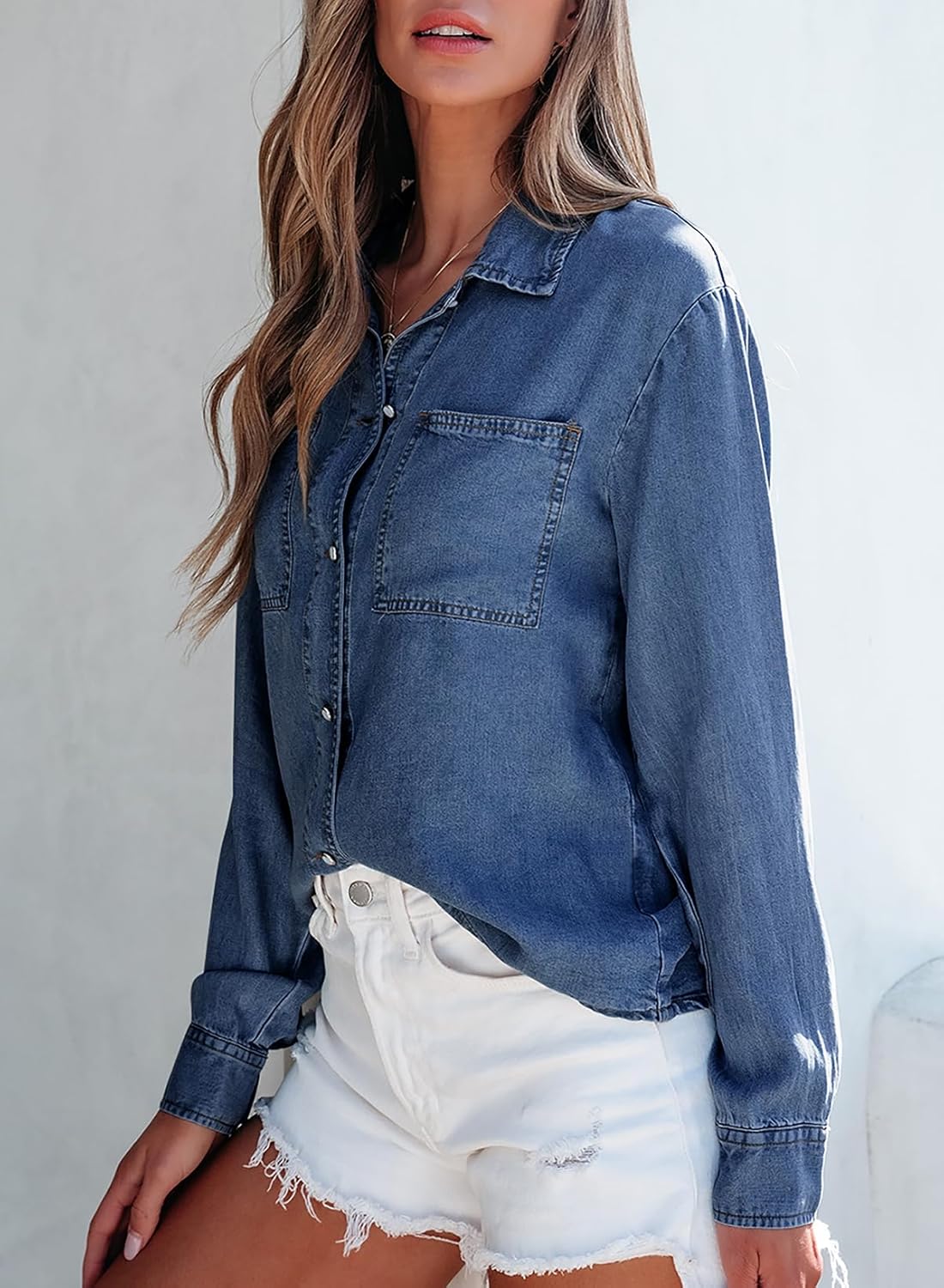 Sidefeel Women's Denim Shirts Button Down Jean Shacket Spring Outfit 2025 Long Sleeve Chambray Blouse Top - Image 3
