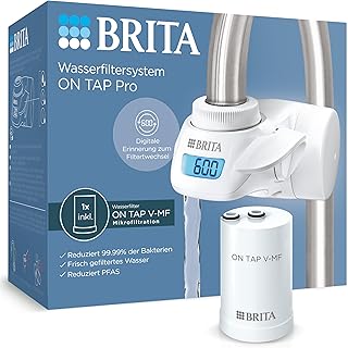 BRITA ON TAP Pro Wasser Filtersystem für den Wasserhahn inkl. 1x V-MF Kartusche (600 l) – 99,99% weniger Bakterien, reduziert PFAS, Mikropartikel, Schwermetalle, mit digitaler Filterwechsel-Erinnerung